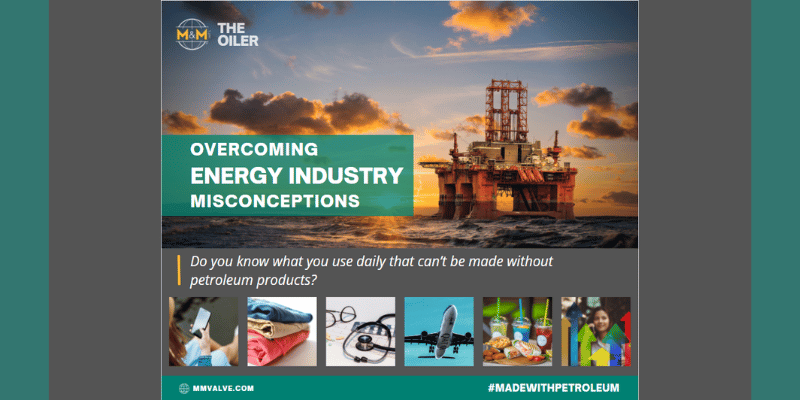 Image of oil rig and other items that can't be made without petroleum products